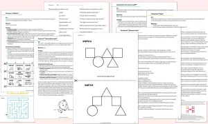Grafika przedstawia fragmenty materiałów szkoleniowych z ćwiczeniami komunikacyjnymi, w tym schematy i ilustracje.
