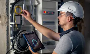 Elektromonter w kasku i okularach ochronnych sprawdza instalację elektryczną za pomocą tabletu.