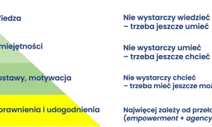 Piramide z podziałem na procenty: wiedza, umiejętności, postawy, motywacja, uprawnienia i udogodnienia.