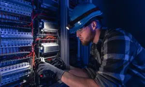 Elektryk w kasku z latarką pracuje przy panelu elektrycznym z licznymi przewodami.