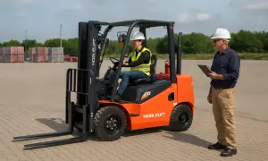 Pomarańczowy wózek widłowy z kierowcą w kamizelce i kaskiem, obok stoi mężczyzna z notatnikiem.