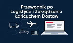 Grafika przedstawia ikonki ciężarówki, samolotu, statku i kontenera połączone z laptopem, symbolizujące logistykę.