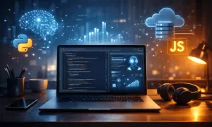 Laptop z kodem, ikony Pythona, JS, chmury i mózgu.