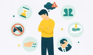 Ilustracja mężczyzny otoczonego symbolami problemów w pracy: klepsydra, zakazany pad, rozłamane postacie, burza mózgów, smutek.