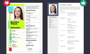 Zdjęcie przedstawia fragment CV z portretem młodej kobiety, Karoliną Wójcik, oraz jej danymi kontaktowymi i zawodowymi.