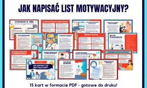 Grafika przedstawia kolaż z kilkunastu kart informacyjnych o pisaniu listów motywacyjnych, z nagłówkiem "JAK NAPISAĆ LIST MOTYWACYJNY?".