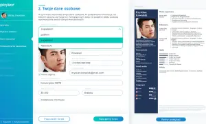 Formularz tworzenia CV po angielsku z polskim interfejsem i podglądem CV po prawej.