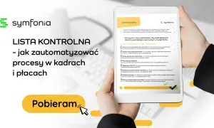 Tablet z listą kontrolną automatyzacji procesów kadrowych i płacowych, z logo Symfonia.