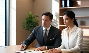 Mężczyzna podpisuje dokumenty, omawiając rodzaje umów o pracę z kobietą w eleganckim biurze.