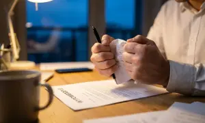 Mężczyzna drze dokument z nagłówkiem "Wypowiedzenie umowy o pracę na czas nieokreślony".