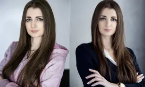 Dwie kobiety, jedna w bluzie z kapturem, druga w eleganckiej marynarce, obie z rękami skrzyżowanymi na piersi.