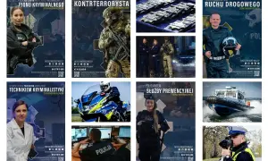Kolaż zdjęć policjantów w różnych rolach: kryminalistyka, kontrterroryzm, drogówka, prewencja, łódź patrolowa, radiowóz, odznaki.