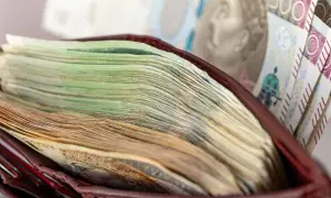 Portfel z grubą warstwą polskich banknotów, w tym banknotem 500 zł.