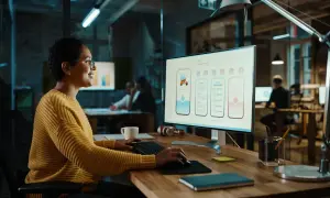 Uśmiechnięta ui designer pracuje nad projektem aplikacji, tworząc intuicyjny interfejs użytkownika.