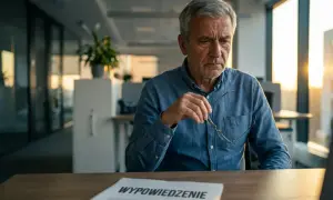 Starszy mężczyzna w okularach siedzi przy biurku, patrząc na dokument z napisem "WYPOWIEDZENIE".