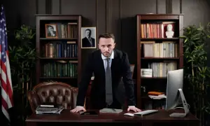 Mężczyzna w garniturze stoi przy biurku w gabinecie z książkami i flagą USA.