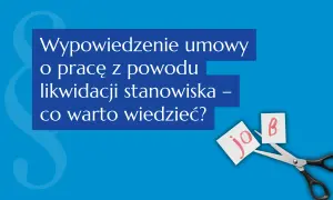 Nożyczki przecinające kartkę z napisem "job" na tle tekstu o likwidacji stanowiska.