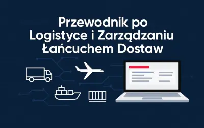 Grafika przedstawia ikonki ciężarówki, samolotu, statku i kontenera połączone z laptopem, symbolizujące logistykę.