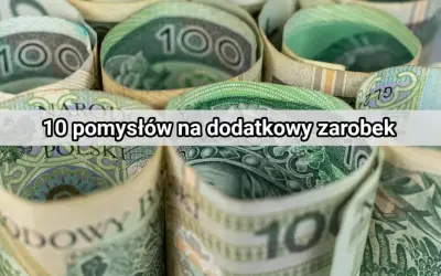Zwijane polskie banknoty 100 zł z napisem "10 pomysłów na dodatkowy zarobek".