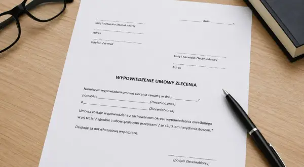 Dokument "wypowiedzenie umowy zlecenia" leży na drewnianym biurku obok okularów i długopisu.