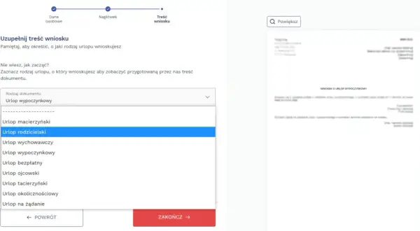 Formularz wyboru rodzaju urlopu, zaznaczony "Urlop rodzicielski".