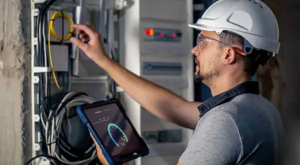 Elektromonter w kasku i okularach ochronnych sprawdza instalację elektryczną za pomocą tabletu.
