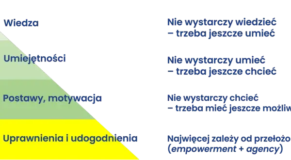 Piramide z podziałem na procenty: wiedza, umiejętności, postawy, motywacja, uprawnienia i udogodnienia.