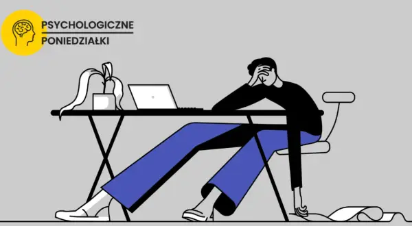 Zrezygnowany człowiek przy biurku, z ręką na czole, symbolizuje prokrastynację. Co to znaczy? To odkładanie zadań na później.