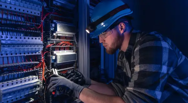 Elektryk w kasku z latarką pracuje przy panelu elektrycznym z licznymi przewodami.
