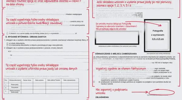 Formularz wniosku o wydanie prawa jazdy z miejscem na zdjęcie 3,5x4,5 cm.