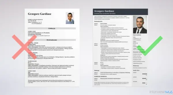 Zdjęcie przedstawia fragment CV z portretem mężczyzny, danymi kontaktowymi i sekcjami: Edukacja, Doświadczenie, Dane osobowe, Umiejętności.