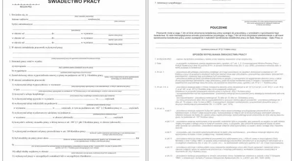 Fragment świadectwa pracy z polami do wypełnienia.