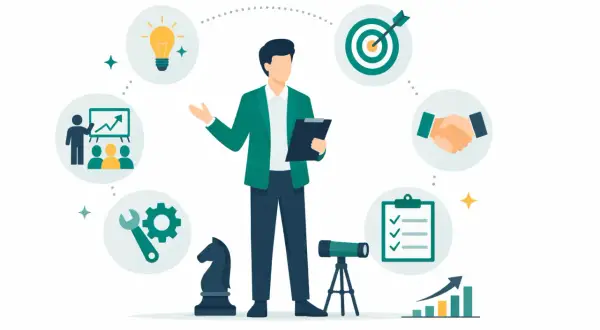 Ilustracja przedstawia mężczyznę w garniturze otoczonego ikonami symbolizującymi cechy lidera: żarówkę, cel, uścisk dłoni, listę zadań, wykres, lunetę, szachownicę i narzędzia.
