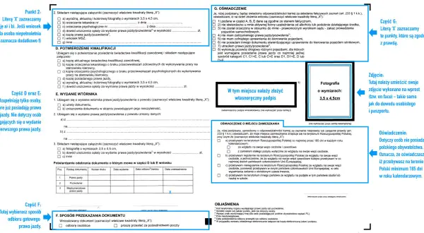 Fragment formularza wniosku o wydanie prawa jazdy z zaznaczonymi polami i miejscem na zdjęcie.