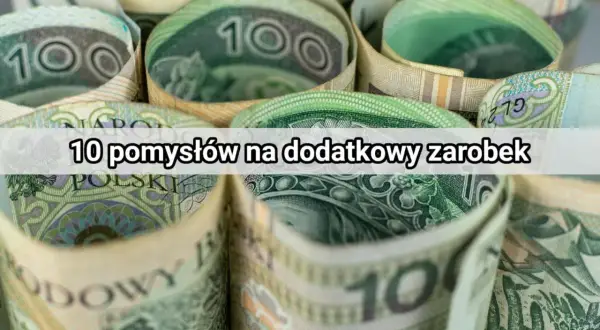 Zwijane polskie banknoty 100 zł z napisem "10 pomysłów na dodatkowy zarobek".