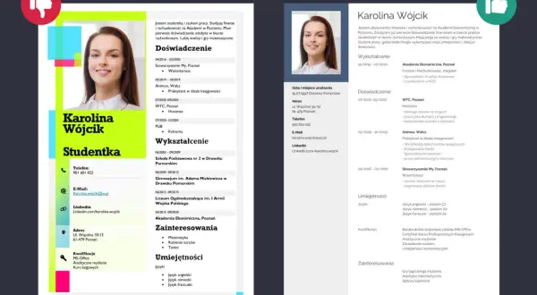 Zdjęcie przedstawia fragment CV z portretem młodej kobiety, Karoliną Wójcik, oraz jej danymi kontaktowymi i zawodowymi.