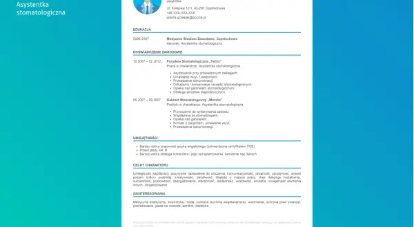 Przykładowe CV asystentki stomatologicznej z danymi kontaktowymi i doświadczeniem zawodowym.