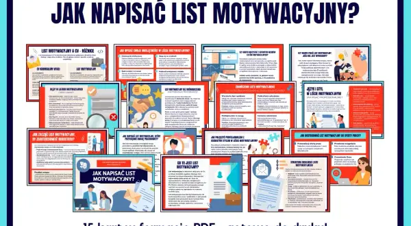 Grafika przedstawia kolaż z kilkunastu kart informacyjnych o pisaniu listów motywacyjnych, z nagłówkiem "JAK NAPISAĆ LIST MOTYWACYJNY?".