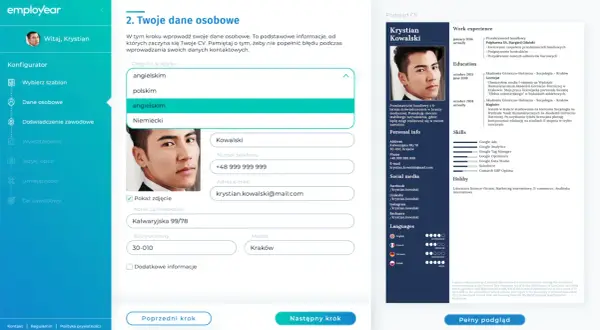 Formularz tworzenia CV po angielsku z polskim interfejsem i podglądem CV po prawej.