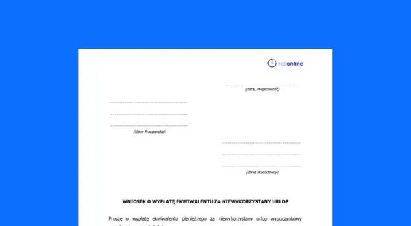 Fragment wniosku o ekwiwalent za niewykorzystany urlop z logo rcponline.