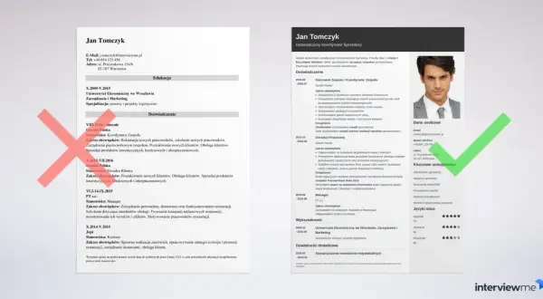 CV pracownika z sekcjami: dane osobowe, wykształcenie, doświadczenie, umiejętności i zdjęcie.