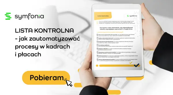 Tablet z listą kontrolną automatyzacji procesów kadrowych i płacowych, z logo Symfonia.