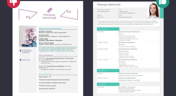 CV fryzjerki z imieniem i nazwiskiem Patrycja Adamczyk, zdjęciem i listą doświadczeń.
