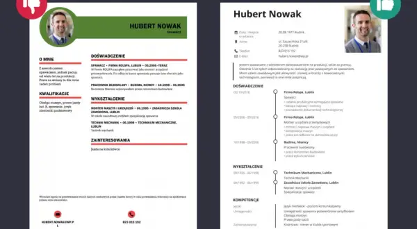 CV: Hubert Nowak, spawacz. Wykształcenie: Technik mechanik, zasadnicza szkoła zawodowa (specjalizacja spawacz).
