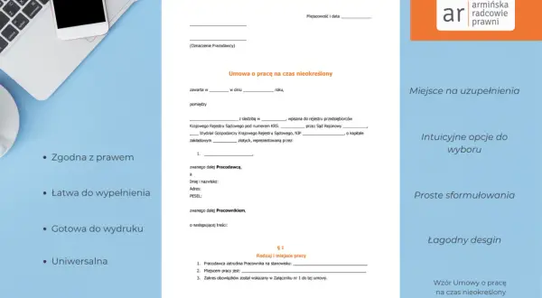 Fragment umowy o pracę na czas nieokreślony, z elementami graficznymi i tekstem informacyjnym.