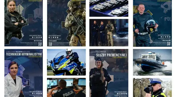 Kolaż zdjęć policjantów w różnych rolach: kryminalistyka, kontrterroryzm, drogówka, prewencja, łódź patrolowa, radiowóz, odznaki.