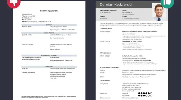 CV architekta z umiejętnościami do CV: znajomość AutoCAD, Adobe Photoshop, języki obce, prawo jazdy.