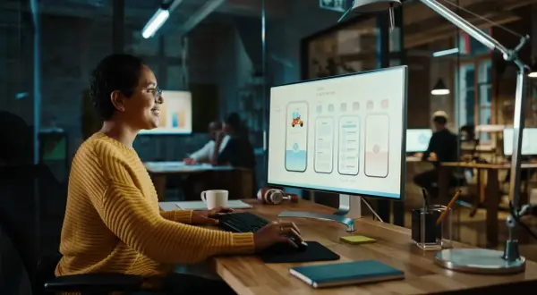 Uśmiechnięta ui designer pracuje nad projektem aplikacji, tworząc intuicyjny interfejs użytkownika.