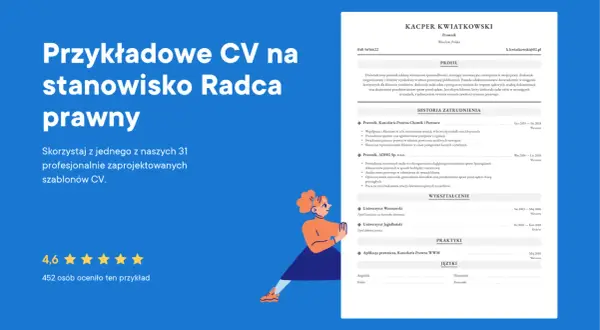 Przykładowe CV prawnika z ilustracją i oceną 4,6 gwiazdek.