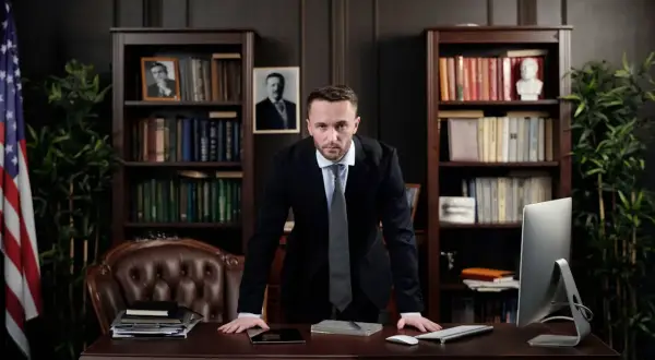 Mężczyzna w garniturze stoi przy biurku w gabinecie z książkami i flagą USA.